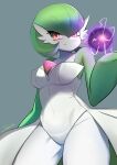  1girl black_hole blush bob_cut breasts closed_mouth colored_skin covered_navel gardevoir green_hair green_skin hair_over_one_eye highres john_(a2556349) leotard looking_at_viewer medium_breasts mega_gardevoir mega_pokemon multicolored_skin pokemon pokemon_(creature) pokemon_(game) red_eyes short_hair simple_background smile solo standing two-tone_skin white_skin 
