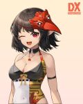  1girl :d absurdres black_hair breasts cleavage commentary_request covered_navel happy highres knuo_dx leaf_print mask mask_on_head medium_breasts multicolored_clothes multicolored_swimsuit one_eye_closed open_mouth red_eyes shameimaru_aya short_hair smile swimsuit tengu_mask touhou upper_body white_swimsuit 