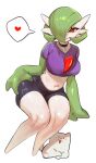  1girl :3 absurdres arms_at_sides bike_shorts black_choker black_eyes blush blush_stickers bob_cut breasts choker colored_skin crop_top cropped_shirt dog gardevoir green_hair green_skin grin hair_over_one_eye half-closed_eyes hand_on_own_hip happy heart highres large_breasts leaning_to_the_side legs looking_at_viewer midriff multicolored_skin navel nia_(nia4294) one_eye_covered open_mouth pokemon pokemon_(creature) purple_shirt red_eyes shiny_skin shirt short_hair short_sleeves simple_background sitting smile solo speech_bubble spoken_heart stomach teeth thighs two-tone_skin white_background white_skin wide_hips 