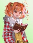  1girl :d bell book checkered_clothes checkered_kimono commentary_request dot_nose hair_bell hair_intakes hair_ornament harukaze_koyomi highres holding holding_book japanese_clothes kimono light_blush medium_hair motoori_kosuzu open_mouth orange_eyes orange_hair reading red_eyes simple_background smile solo touhou two_side_up upper_body white_background 