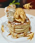  absurdres angelfish dated fish floating food food_focus highres ice_cream leaf no_humans original pancake pancake_stack plate signature syrup tainosuke tropical_fish whipped_cream 