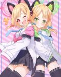  2girls ;d animal_ear_headphones animal_ears black_shorts black_skirt black_thighhighs blonde_hair blue_archive blue_bow blue_necktie bow cat_ear_headphones commentary_request fake_animal_ears green_eyes green_halo hair_bow halo headphones highres itaba_atsushi jacket long_sleeves looking_at_viewer midori_(blue_archive) momoi_(blue_archive) multiple_girls necktie one_eye_closed pink_halo red_bow red_eyes short_hair shorts siblings sisters skirt smile thighhighs twins white_jacket zettai_ryouiki 