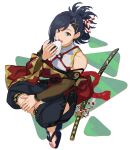  1boy bare_shoulders blue_hair brown_eyes eating feet fire_emblem fire_emblem_engage folded_ponytail food highres holding holding_food japanese_clothes kagetsu_(fire_emblem) katana looking_at_viewer male_focus medium_hair mikami onigiri rope sandals shimenawa solo sword weapon white_background 