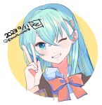  1girl aqua_hair blush collared_shirt commentary dated eto_(etonomemo1008) green_eyes grin hair_between_eyes hair_ornament hairclip kantai_collection long_hair neck_ribbon one-hour_drawing_challenge one_eye_closed portrait red_ribbon ribbon shirt signature smile solo suzuya_(kancolle) suzuya_kai_ni_(kancolle) symbol-only_commentary twitter_username v white_shirt 