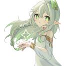  1girl braid commentary dress female_child genshin_impact green_eyes hair_ornament highres leaf leaf_hair_ornament long_hair looking_at_viewer nahida_(genshin_impact) pointy_ears ponzu_pon9 solo white_dress white_hair 