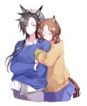  2girls air_shakur_(umamusume) animal_ears arm_hug beret black_hair blue_skirt blue_sweater blush breasts brown_hair brown_sweater closed_mouth clover_hair_ornament collared_shirt cropped_torso crossed_arms eyebrow_piercing fine_motion_(umamusume) frown grey_headwear grey_pants hair_bobbles hair_ornament half-closed_eyes hat horse_ears horse_girl horse_tail long_hair long_sleeves multiple_girls pants piercing romi_(346_ura) shirt short_hair skirt small_breasts smile sweater tail umamusume upper_body white_background white_shirt yuri 