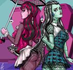  2girls black_panties blue_eyes book clothes_lift colored_skin cum cum_on_clothes dated draculaura dress fishnet_pantyhose fishnets frankie_stein green_dress green_eyes green_skin heterochromia highres holding holding_book holding_umbrella indoors long_hair monster_high multicolored_hair multiple_girls panties pantyhose philip_grom pink_eyes pink_hair pink_shirt pink_skin plaid plaid_dress pleated_skirt scar scar_on_cheek scar_on_face shirt signature skirt skirt_lift twintails two-tone_hair umbrella underwear white_hair white_skirt 