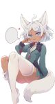  1girl ahoge animal_ears ass blank_speech_bubble blue_eyes dark-skinned_female dark_skin fox_ears fox_girl fox_tail gundam gundam_suisei_no_majo heart highres kemonomimi_mode kolshica long_sleeves looking_at_viewer parted_lips secelia_dote short_hair simple_background solo speech_bubble tail thighhighs white_background white_hair white_thighhighs 