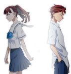  1boy 1girl black_ribbon blue_pants blue_ribbon blue_skirt blunt_bangs breasts brown_eyes brown_hair collared_shirt cowboy_shot hair_ribbon hand_in_pocket highres long_hair looking_ahead looking_down medium_breasts muiko_i neck_ribbon pants parted_bangs pleated_skirt ponytail profile red_eyes red_hair ribbon robotics;notes sailor_collar school_uniform senomiya_misaki serafuku shirt short_hair short_sleeves skirt smile untucked_shirt walking white_background white_sailor_collar white_shirt yashio_kaito 