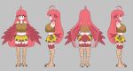  1girl absurdres ahoge animal_ears bird_ears bird_legs bird_tail blush breasts brown_eyes brown_tank_top coco_(eogks) commentary feathered_wings feathers grey_background harpy highres large_breasts long_hair midriff monster_girl navel nn_(eogks) original red_feathers red_hair red_wings reference_sheet simple_background skirt tail tail_feathers talons tank_top winged_arms wings yellow_skirt 