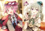  &gt;_&lt; 2girls :d alternate_hairstyle blush bow bowtie buttons chocolate closed_eyes colorful_festival_(project_sekai) commentary_request detached_sleeves dot_nose food green_hair green_ribbon grey_bow grey_bowtie hair_up hairstyle_switch hand_up hat heart highres himitsu_no_valentine_daisakusen!_(project_sekai) holding holding_chocolate holding_food kusanagi_nene long_sleeves low_tied_sidelocks multiple_girls neck_ribbon official_alternate_color ootori_emu open_mouth pink_eyes pink_hair pjmiyo project_sekai purple_eyes purple_headwear red_bow red_bowtie ribbon smile twintails umbrella upper_body 