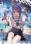  1girl :d alternate_costume animal_ears beach black_panties black_skirt blue_hair blue_sky blurry blurry_background blush bottle bow braid brown_eyes carrot_hair_ornament choker commentary_request day food-themed_hair_ornament hair_bow hair_ornament haruhina_purple highres holding holding_umbrella hololive long_hair long_sleeves looking_at_viewer midriff_peek multicolored_hair neckerchief panties pantyshot pleated_skirt rabbit-shaped_pupils rabbit_ears rabbit_girl sailor_collar school_uniform short_eyebrows sitting skirt sky smile solo symbol-shaped_pupils thick_eyebrows thighhighs twin_braids two-tone_hair umbrella underwear usada_pekora virtual_youtuber water_bottle white_hair white_thighhighs 