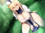  1girl arms_between_legs blonde_hair blush breasts cleavage commission dutch_angle grass large_breasts long_hair looking_at_viewer meth_(emethmeth) original red_eyes seiza sitting smile solo spread_legs very_long_hair white_headwear 