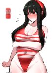  1girl absurdres black_hair blush breasts censored cleavage commentary covered_navel cowboy_shot flying_sweatdrops frown hairband highleg highleg_swimsuit highres kurenaiz1 large_breasts long_hair mosaic_censoring one-piece_swimsuit red_eyes red_hairband red_one-piece_swimsuit sidelocks solo spy_x_family striped striped_one-piece_swimsuit swimsuit tenga twitter_username yor_briar 