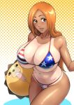  1girl :p american_flag_bikini bikini bleach breasts brown_eyes brown_hair cleavage collarbone dark-skinned_female dark_skin flag_print gyaru halterneck highres holding holding_stuffed_toy huge_breasts inoue_orihime iwao178 kon_(bleach) long_hair looking_at_viewer navel parted_bangs polka_dot polka_dot_background presenting_tanlines print_swimsuit simple_background solo string_bikini stuffed_animal stuffed_lion stuffed_toy swimsuit tan tanlines tongue tongue_out 