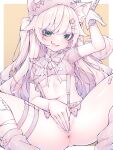  1girl animal_ear_fluff animal_ears breasts brown_background commentary_request copyright_request highres kupa_(jesterwii) long_hair looking_at_viewer medium_breasts monochrome sitting solo spread_legs standing two-tone_background virtual_youtuber white_background 