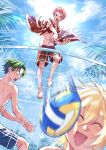  3boys ball barefoot beach_volleyball blonde_hair closed_eyes commentary_request ensemble_stars! floral_print glasses green_eyes green_hair hair_between_eyes hasumi_keito highres itsuki_shu leaf male_focus multiple_boys navel open_clothes open_mouth pink_hair purple_eyes short_bangs short_hair short_sleeves shorts sideways_glance sky teeth tenshouin_eichi topless_male upper_teeth_only volleyball volleyball_(object) volleyball_net wednesday_108 