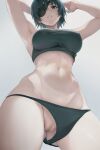  1girl armpits arms_up ass_visible_through_thighs bra cameltoe censored chainsaw_man cowboy_shot eyepatch from_below green_bra green_eyes green_hair green_panties grey_background highres himeno_(chainsaw_man) looking_at_viewer looking_down mosaic_censoring navel one_eye_covered panties panty_pull parted_lips pussy short_hair simple_background solo sports_bra standing toraya_(doujintraya) underwear underwear_only 