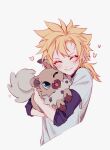  1boy aged_down animal blonde_hair blue_eyes cheek-to-cheek closed_eyes cloud_strife crossover dog earrings final_fantasy final_fantasy_vii grey_background heads_together heart highres holding holding_animal holding_pokemon jewelry layered_clothes layered_sleeves low_ponytail male_focus medium_hair one_eye_closed pokemon pokemon_(creature) ponytail rockruff shirt short_ponytail simple_background smile spiked_hair stud_earrings t-shirt tail tail_wagging tongue tongue_out triplemelon1 white_shirt 