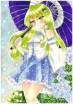  1girl anor bare_legs bare_shoulders blue_flower border breasts commentary_request danmaku detached_sleeves feet_out_of_frame flower flower_request frog_hair_ornament green_eyes green_hair hair_ornament hair_tubes hand_up holding holding_umbrella kochiya_sanae long_hair long_sleeves looking_at_viewer marker_(medium) medium_breasts outdoors rain smile solo touhou traditional_media umbrella very_long_hair white_border 