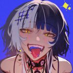  1girl artist_request bare_shoulders black_choker black_hair blue_background blunt_bangs blush choker hair_ornament hololive hololive_english long_hair looking_at_viewer multicolored_hair open_mouth piercing saliva_drip shiori_novella smile solo sparkle split-color_hair teeth tongue tongue_out tongue_piercing two-tone_hair virtual_youtuber white_hair yellow_eyes 