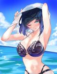  1girl alternate_costume armpits arms_up bikini black_bikini black_hair blue_bikini blue_hair blue_sky blunt_bangs blush bob_cut breasts cleavage closed_mouth cloud collarbone commentary dangle_earrings diagonal_bangs earrings genshin_impact gradient_hair green_eyes highres jewelry large_breasts looking_to_the_side meisaki mole mole_on_breast multicolored_hair navel ocean one_eye_closed outdoors shirt short_hair sky solo swimsuit symbol-only_commentary two-tone_bikini undressing white_shirt yelan_(genshin_impact) 
