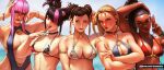  5girls azuma_yasuo bikini breasts cammy_white center_opening chun-li cleavage covered_nipples dark-skinned_female dark_skin han_juri highres kimberly_jackson large_breasts manon_legrand multiple_girls one-piece_swimsuit short_hair smile street_fighter street_fighter_6 swimsuit tongue tongue_out twintails upper_body 