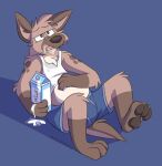  anthro barefoot beverage blue_background blue_boxer_briefs blue_clothing blue_underwear bodily_fluids boxer_briefs brown_body brown_eyes brown_fur brown_nose brown_pawpads bulge clothing english_text feet fluid_on_mouth fur half-closed_eyes hand_on_stomach hi_res hyena male mammal milk mushketeery mushy_(mushketeteery) narrowed_eyes open_mouth pawpads shadow shirt simple_background sitting solo spilled_milk spots stained_clothing stained_shirt sweat tank_top text tongue_showing topwear underwear white_clothing white_shirt white_tank_top white_topwear 