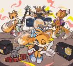  4boys band bass_guitar bracelet commentary cymbals drum drum_set drumsticks electric_guitar english_commentary fingerless_gloves fox_boy furry furry_male gloves guitar holding holding_drumsticks instrument jewelry looking_at_viewer male_focus mangey_(sonic) mechanical_arms microphone multiple_boys music nine_(sonic) one_eye_closed orange_fur pholooo playing_instrument plectrum sails_(sonic) signature singing sonic_prime stage tails_(sonic) white_gloves 