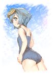  1girl absurdres bare_arms blue_eyes blue_hair border bright_pupils closed_mouth commentary_request day from_below goggles goggles_on_head highres lana_(pokemon) looking_to_the_side no_pants no_shirt one-piece_swimsuit outdoors pokemon pokemon_(game) pokemon_sm short_hair shoulder_blades smile solo swimsuit usapenpen2019 white_border 