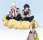  3boys backpack bag black_bag black_hair black_pants blue_eyes boku_no_hero_academia eraser_head_(boku_no_hero_academia) green_bag grey_jacket headphones holding holding_bag jacket looking_at_another loud_cloud male_focus multiple_boys necktie open_mouth orange-tinted_eyewear pants present_mic red_necktie rnuyvm school_uniform shirt sitting_on_cloud sweatdrop teeth tinted_eyewear upper_teeth_only walking white-framed_eyewear white_hair white_shirt 