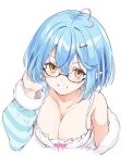  1girl absurdres ahoge anbasa_(amaneyuz13) blue_hair blue_jacket blush bob_cut breasts camisole character_hair_ornament cleavage colored_tips daifuku_(yukihana_lamy) double-parted_bangs frilled_camisole frills from_above fur-trimmed_jacket fur_trim glasses grin hair_between_eyes hair_ornament hairclip heart heart_ahoge highres hololive jacket large_breasts looking_at_viewer messy_hair multicolored_hair official_alternate_costume official_alternate_hair_length official_alternate_hairstyle pajamas pointy_ears semi-rimless_eyewear single_bare_shoulder sleepwear smile solo streaked_hair striped striped_jacket virtual_youtuber white_camisole yellow_eyes yukihana_lamy yukihana_lamy_(4th_costume) 