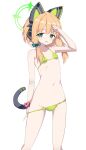  1girl absurdres alternate_costume animal_ear_headphones animal_ears arm_up ben1shoga bikini bikini_bottom_pull blonde_hair blue_archive blue_bow blush bow breasts cat_ear_headphones cat_ears cat_tail clenched_hand collarbone commentary_request covered_nipples fake_animal_ears fake_tail feet_out_of_frame green_bikini green_eyes green_halo hair_bow halo headphones highres looking_at_viewer low_tied_sidelocks micro_bikini midori_(blue_archive) navel parted_lips pink_scrunchie scrunchie short_hair simple_background small_breasts solo standing stomach swimsuit tail white_background wrist_scrunchie 