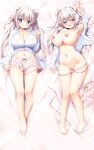  1girl :o animal_ears arm_up barefoot bear_ears bed_sheet blue_eyes blush breasts cleavage commentary_request dakimakura_(medium) hair_ornament hairclip highres large_breasts looking_at_viewer lying navel nipples on_back open_clothes open_shirt original panties panty_pull pussy sasai_saji seductive_smile shirt short_shorts shorts shorts_removed smile thighhighs underwear white_hair white_shirt x_hair_ornament 