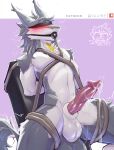  anthro balls bdsm blush bodily_fluids erection fur gag gagged genitals grey_body grey_fur hi_res male penis sergal solo wizzikt 