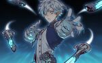  1boy alphinaud_leveilleur aqua_eyes blue_ribbon blue_vest earrings elezen elf fighting_stance final_fantasy final_fantasy_xiv floating floating_object floating_weapon gloves grey_hair hair_between_eyes hair_ribbon hair_tie hao_xiang_yishui_bu_xing highres jewelry looking_at_viewer male_focus parted_lips pendant pointy_ears ribbon sage_(final_fantasy) shirt short_hair_with_long_locks solo upper_body vest white_gloves white_shirt 