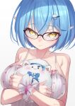  1girl absurdres animal bare_arms bare_shoulders blue_hair blush breasts camisole character_hair_ornament collarbone crossed_bangs daifuku_(yukihana_lamy) frilled_camisole frills glasses hair_between_eyes hair_ornament hairclip highres holding holding_animal hololive large_breasts looking_at_viewer null_suke official_alternate_costume official_alternate_hair_length official_alternate_hairstyle pajamas pointy_ears polka_dot polka_dot_camisole short_hair simple_background sleepwear smile solo spaghetti_strap twitter_username virtual_youtuber white_camisole yellow_eyes yukihana_lamy yukihana_lamy_(4th_costume) yukimin_(yukihana_lamy) 
