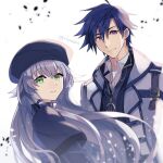  1boy 1girl ahoge altina_orion beret black_hair capelet coat double-parted_bangs eiyuu_densetsu green_eyes hair_between_eyes hat long_hair looking_at_viewer purple_eyes rean_schwarzer riarashu_(pixiv3133536) sen_no_kiseki sen_no_kiseki_iii short_hair thors_military_academy_branch_campus_uniform twitter_username white_hair 