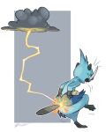  ambiguous_gender blue_body blue_fur butt butt_on_fire cloud dewott electricity eyes_closed fire fur game_freak generation_5_pokemon hand_on_butt lightning monobutt nintendo open_mouth pain pokemon pokemon_(species) solo tail twarda8 