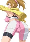  1girl ass bike_shorts blue_eyes breasts brown_hair cameltoe commentary_request covered_nipples fat_mons from_behind gundam gundam_build_fighters gundam_build_fighters_try hair_ornament hair_scrunchie haruhisky highres hood hoodie hoshino_fumina large_breasts light_blush open_mouth outstretched_arms pink_scrunchie ponytail profile scrunchie short_hair simple_background smile solo sports_bra sweatdrop two-tone_sports_bra white_background yellow_hoodie 