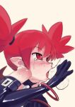  1girl absurdres bar_censor bare_shoulders blush censored choker commentary_request deepthroat demon_girl demon_wings disgaea earrings elbow_gloves etna_(disgaea) fellatio gloves half-closed_eyes highres jewelry looking_up makai_senki_disgaea o-ring o-ring_choker o-ring_collar oral penis pointy_ears red_hair simple_background skull_earrings solo solo_focus tearing_up tongue upper_body vinegarjar wings yellow_background 