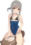  1girl bare_arms bare_legs bare_shoulders barefoot bikini black_bikini blue_one-piece_swimsuit blush bokukawauso brown_eyes closed_mouth collarbone covered_navel fingernails girl_on_top grey_hair kantai_collection long_hair one-piece_swimsuit ponytail sakieko simple_background solo stuffed_animal stuffed_otter stuffed_toy swimsuit usugumo_(kancolle) white_background 