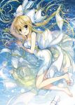  1girl air_(visual_novel) blonde_hair blue_eyes dress hair_ribbon highres izumi_rei kamio_misuzu long_hair ponytail ribbon short_sleeves smile solo very_long_hair white_dress 