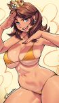  1girl alternate_costume artist_name bikini blue_eyes breasts brown_hair crown dracksart earrings flower_earrings highres jewelry large_breasts looking_at_viewer mario_(series) medium_hair navel open_mouth orange_bikini princess_daisy signature solo swimsuit teeth upper_teeth_only 