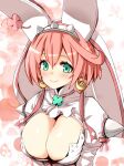  1girl animal_ears aqua_eyes blush bob_cut bow breasts bridal_veil cleavage cleavage_cutout clothing_cutout clover dress earrings elphelt_valentine fake_animal_ears four-leaf_clover guilty_gear guilty_gear_xrd hairband highres hirowa_nagi hoop_earrings jewelry juliet_sleeves large_breasts long_sleeves pink_bow pink_hair puffy_sleeves short_hair smile solo spiked_hairband spikes veil watercolor_background wedding_dress white_dress white_hairband 