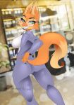  anthro butt canid canine clothed clothing diane_foxington dreamworks eyewear female fox fur glasses green_eyes hi_res looking_back mammal orange_body orange_fur purrynx rear_view seductive smile solo standing the_bad_guys 