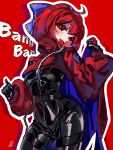  1girl :d ahoge akatsuki_records black_bodysuit black_gloves blue_bow blue_cape blush bodysuit bow cape commentary_request cowboy_shot cropped_jacket gloves hair_bow highres jacket long_sleeves looking_at_viewer medium_hair open_mouth red_background red_cape red_eyes red_hair red_jacket ribbon-trimmed_bow ringo_no_usagi_(artist) rock_&#039;n&#039;_rock_&#039;n&#039;_beat sekibanki short_hair signature simple_background smile solo teeth touhou two-sided_cape two-sided_fabric two-tone_cape zipper 