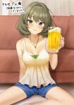  1girl bare_shoulders beer_mug blue_eyes blue_shorts breasts cleavage collarbone commentary_request commission couch cup drunk green_eyes green_hair heterochromia highres idolmaster idolmaster_cinderella_girls jewelry looking_at_viewer medium_breasts mole mole_under_eye mug necklace open_mouth px-tea shirt short_hair shorts sitting skeb_commission smile solo takagaki_kaede white_shirt 