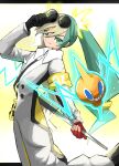  absurdres adjusting_eyewear armband asymmetrical_gloves black_gloves cane electric_miku_(project_voltage) electricity eyewear_on_head gloves green_eyes ha01ru28 hand_on_eyewear hatsune_miku highres holding holding_cane jumpsuit long_hair looking_at_viewer mismatched_gloves multicolored_hair pokemon pokemon_(creature) project_voltage red_gloves rotom rotom_(normal) smile sunglasses twintails two-tone_hair very_long_hair vocaloid yellow_armband 