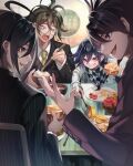  4boys ahoge antenna_hair black_hair bowl brown_hair checkered_clothes checkered_scarf chopsticks danganronpa_(series) danganronpa_v3:_killing_harmony facial_hair food food_theft fruit_bowl glasses goatee gokuhara_gonta hair_between_eyes highres holding holding_chopsticks long_eyelashes long_hair looking_at_another male_focus miso_soup momota_kaito multiple_boys nota_sayaka oma_kokichi open_mouth pinstripe_jacket pinstripe_pattern profile purple_eyes purple_hair red_eyes rice_bowl saihara_shuichi scarf sitting smile striped table toast tongue tongue_out wavy_hair 